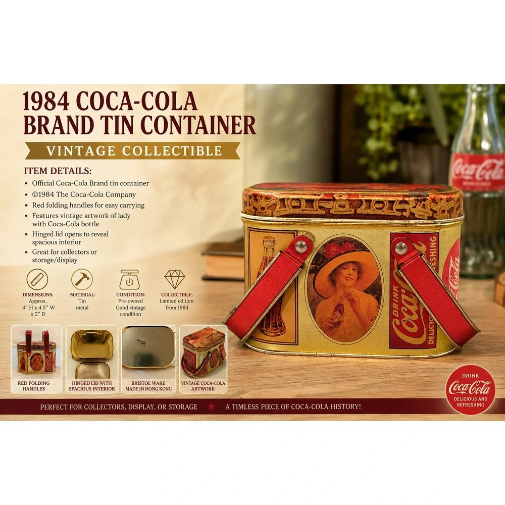 Vintage‎ 1984 Coca-Cola Bristol Ware Picnic Basket Tin Container Red Handles